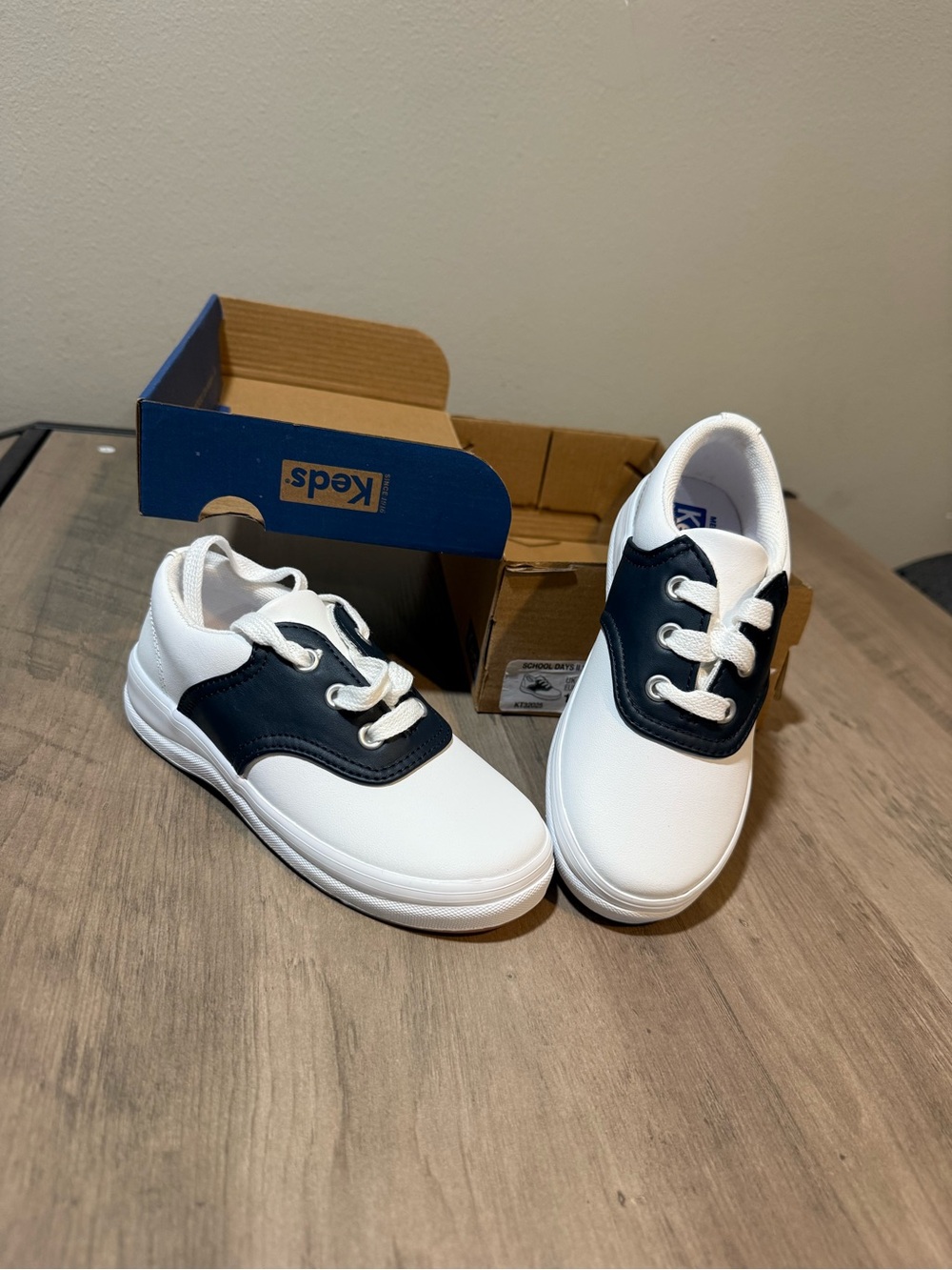 Keds Kids White Sneakers with Navy Eyelet Panel